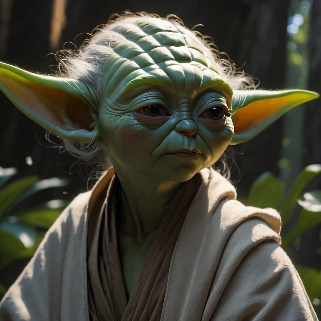 AI generated: epic realistic, female dressed as yoda, star wars, green skin, young girl, caucasian face, (((full b...