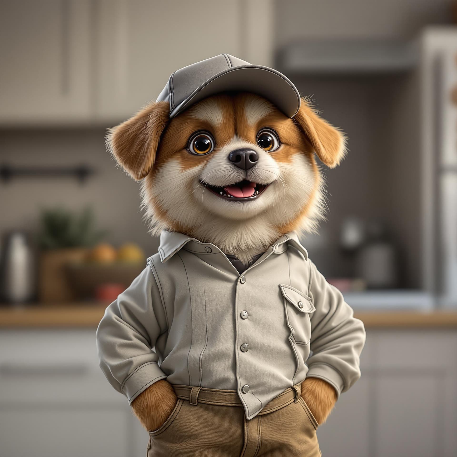 AI generated: A cute dog standing like a person, dressed in a shirt and pants, with a ball cap on, the background ...