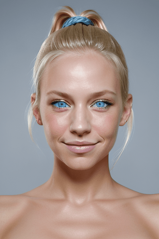 AI generated: b cup, instagram, karen, streeds of new york, topless, blonde, ponytail, blue eyes, happy, portrait