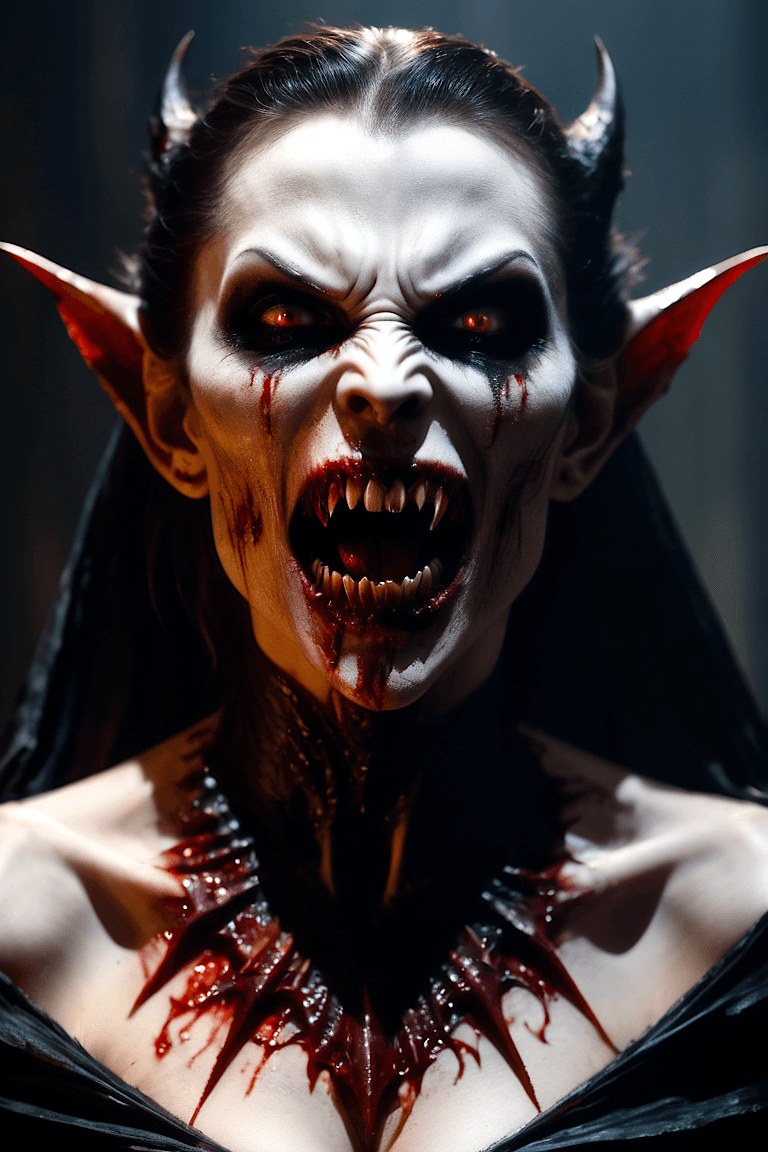 AI generated: A extremely detailed ((full-body:1.2)) portrait of a female vampire,  bloody face,  sharp vampire te...