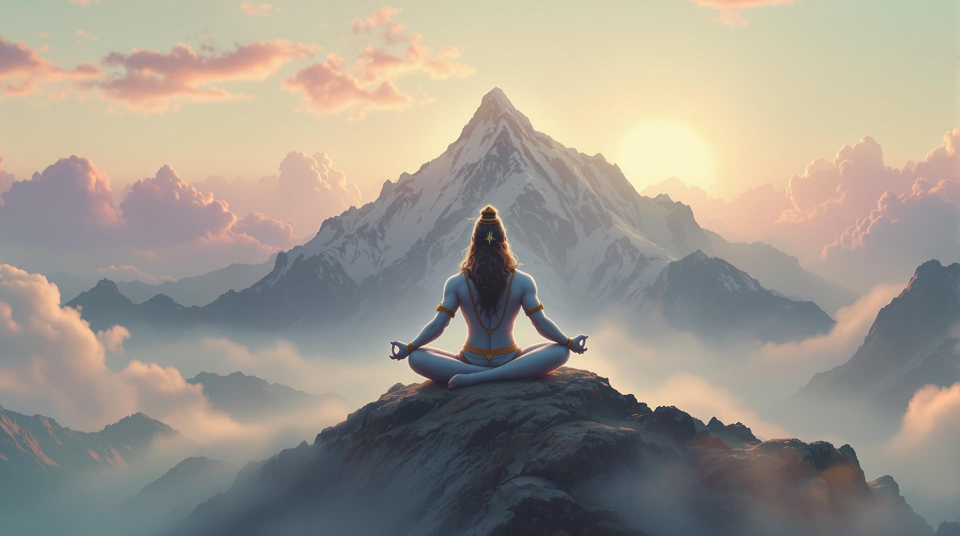 AI generated: "Design a photorealistic scene of Lord Shiva meditating at dawn on a majestic mountain. The rising s...