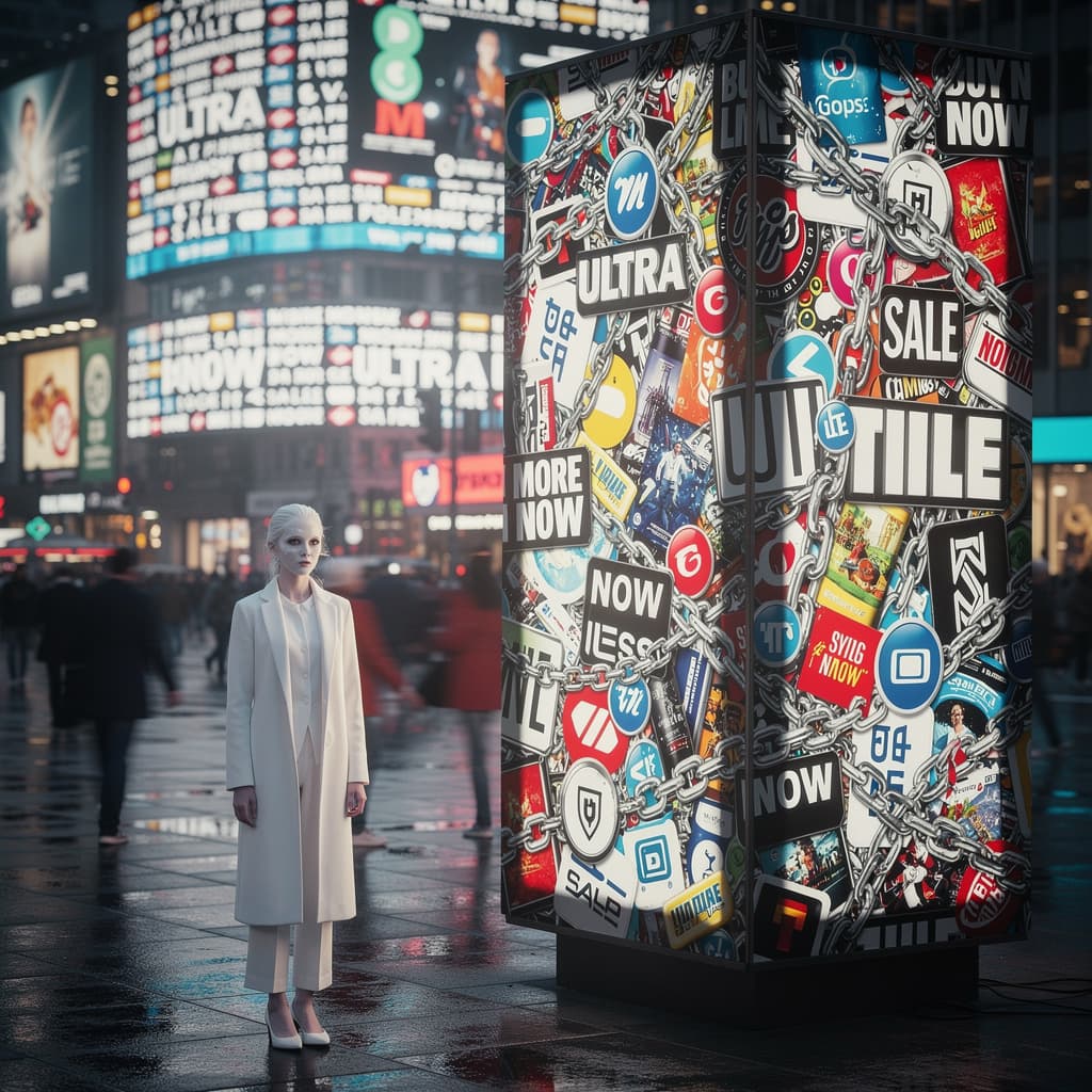 AI generated: add a person behind an advertisement of  visual smog like chains or brands, and out her standing beh...