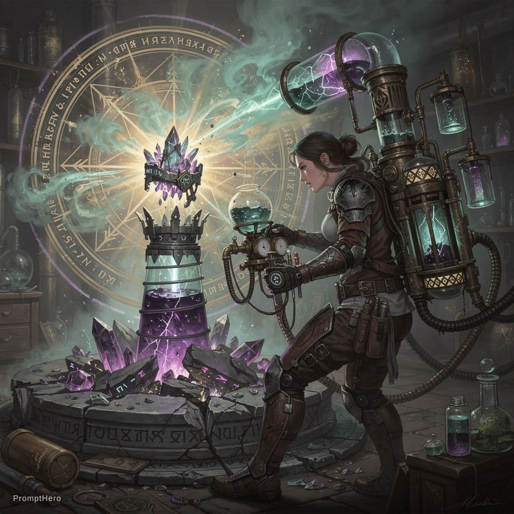AI generated: semi-realistic dark fantasy arcane relic distiller scene, female relic distillation engineer activel...