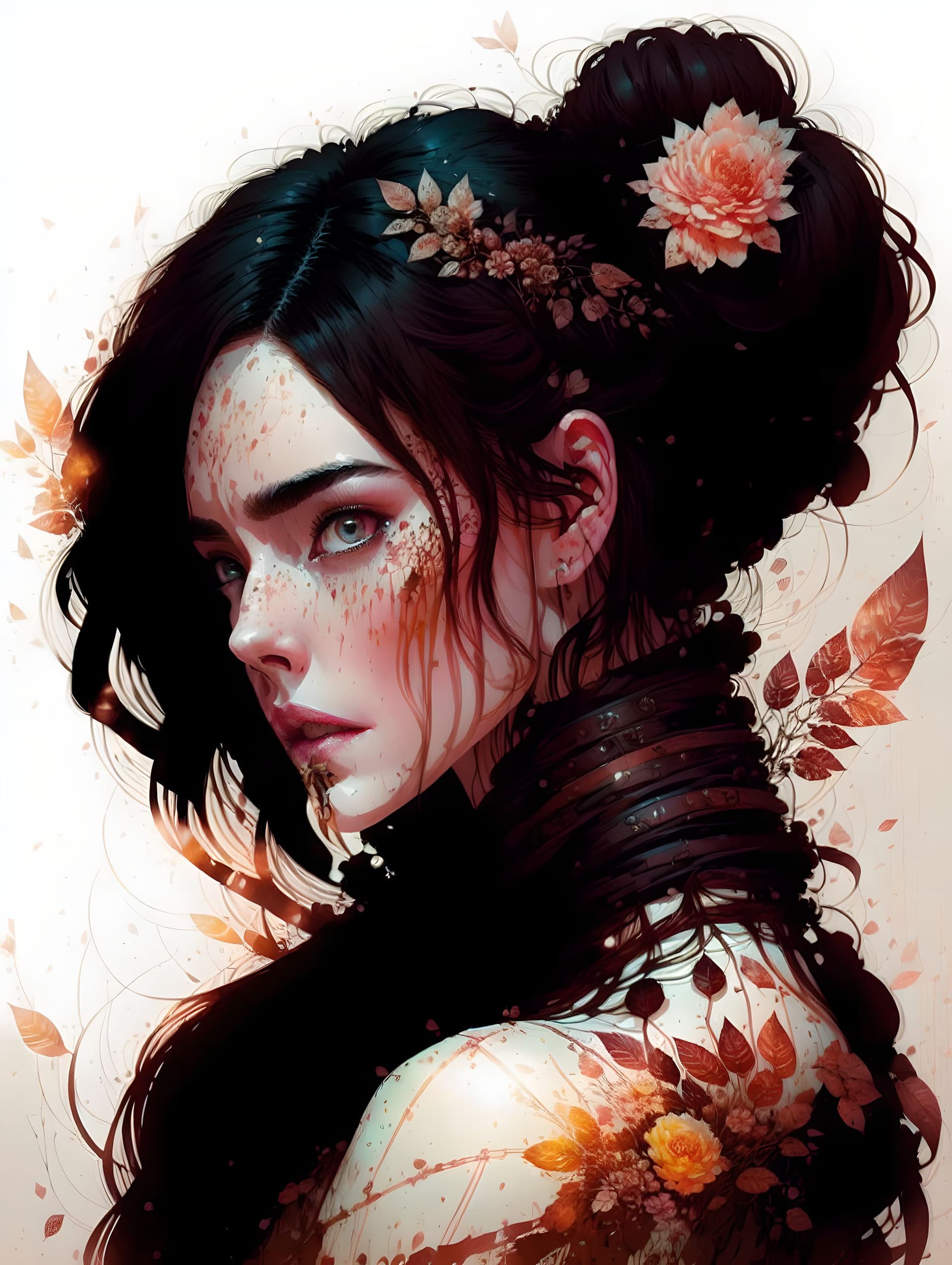 AI generated: brunette princess, centered, looking to the right, key visual, intricate, highly detailed, dark stud...