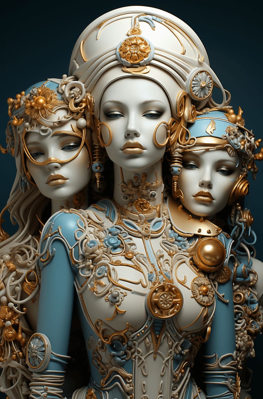 AI generated: a collage of 3 woman's face with sculpted heads, in the style of zhang jingna, intricate steampunk, ...