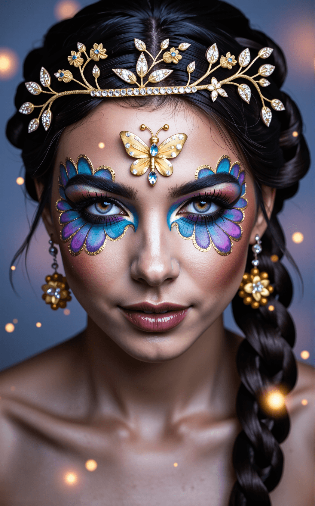 AI generated: A breathtaking close-up portrait of a woman’s face, her skin adorned with intricate butterfly face p...
