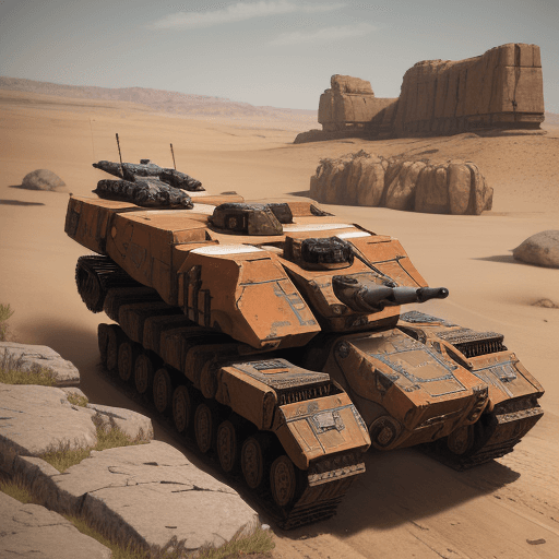 AI generated: mechwarrior battletech with 
back knee and include driver ,same t-rex ,in desert with rocks and ston...