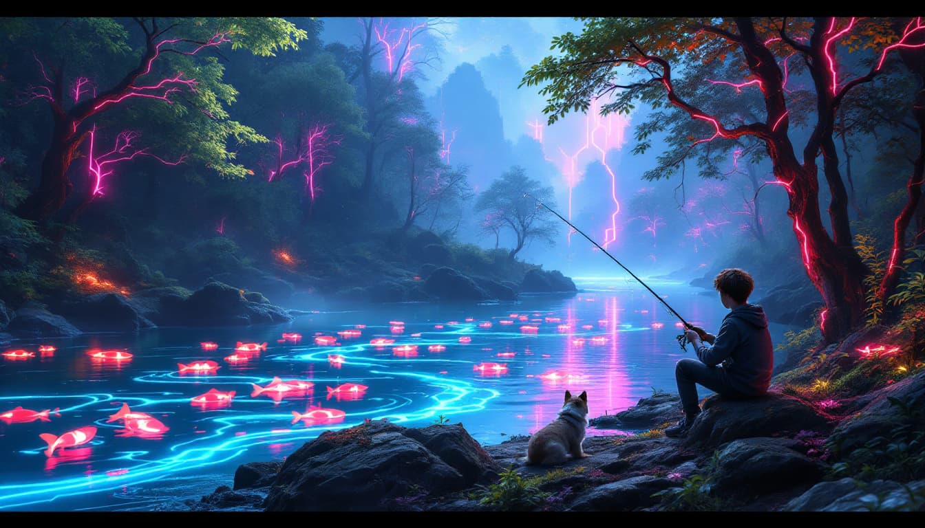 AI generated: High resolution photography image of a neon forest and river as electrical circuit theme.  With a bo...