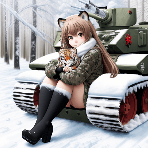 AI generated: taiga aisaka, anime, sit in snowy camouflage riding tank and hug herself, winter red school uniform,...