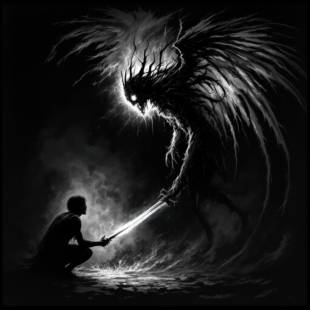 AI generated: A dark and macabre 9:21 portrait depicting a side-view of a twisted, abominable angel, wielding a sw...