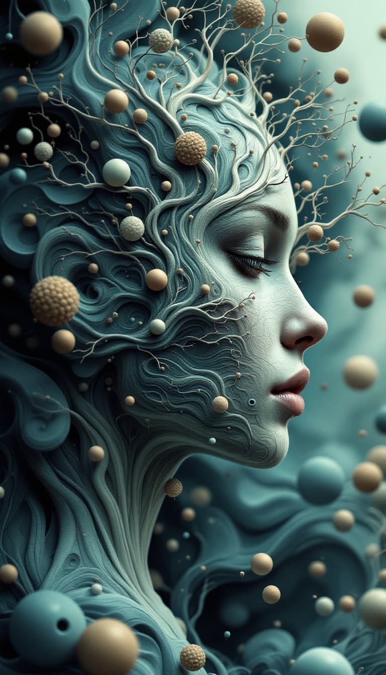 AI generated: Surreal digital artwork featuring a side profile of a human face integrated with abstract elements. ...