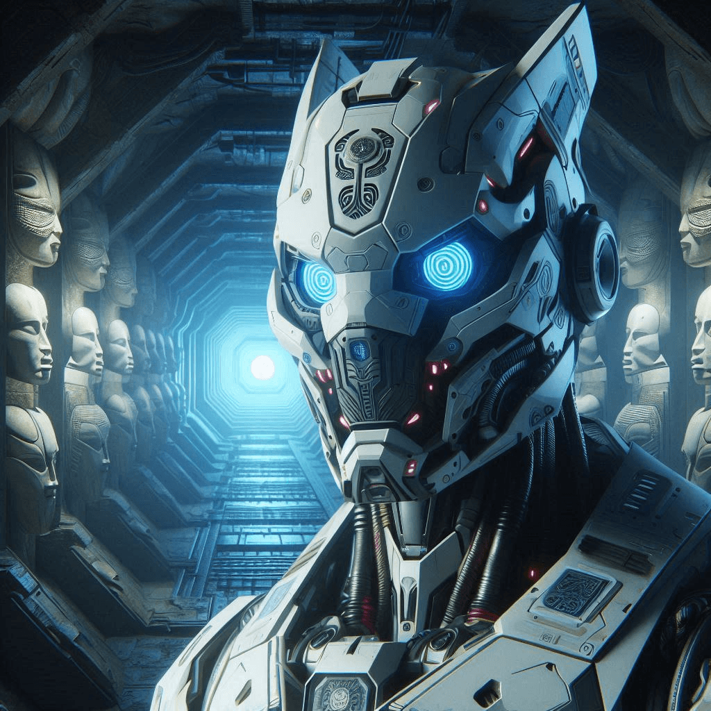 AI generated: Enigmatic 3D animation of a white mecha cyberpunk robot with blue eyes and a Polynesian mask in a fu...