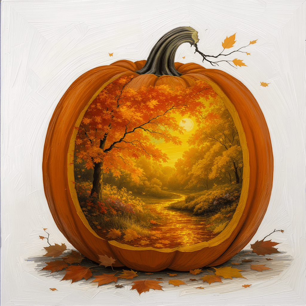 AI generated: Centered image. 400 pixels. Fantastic surreal fall scene. oil painting effect. A pumpkin has a fall ...