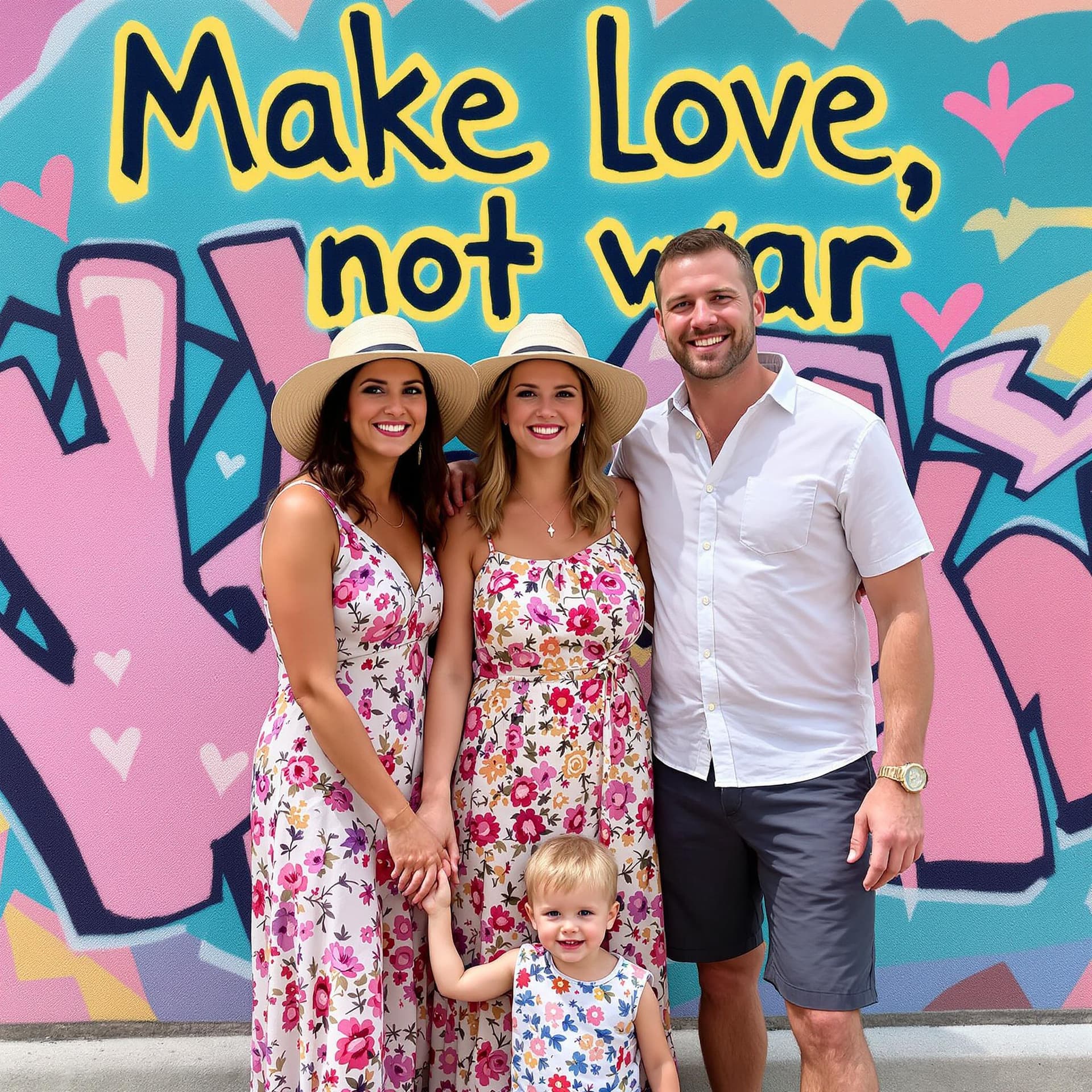 AI generated: Three women, standing in front of colorful graffiti with 'Make love, not war' written in bold letter...