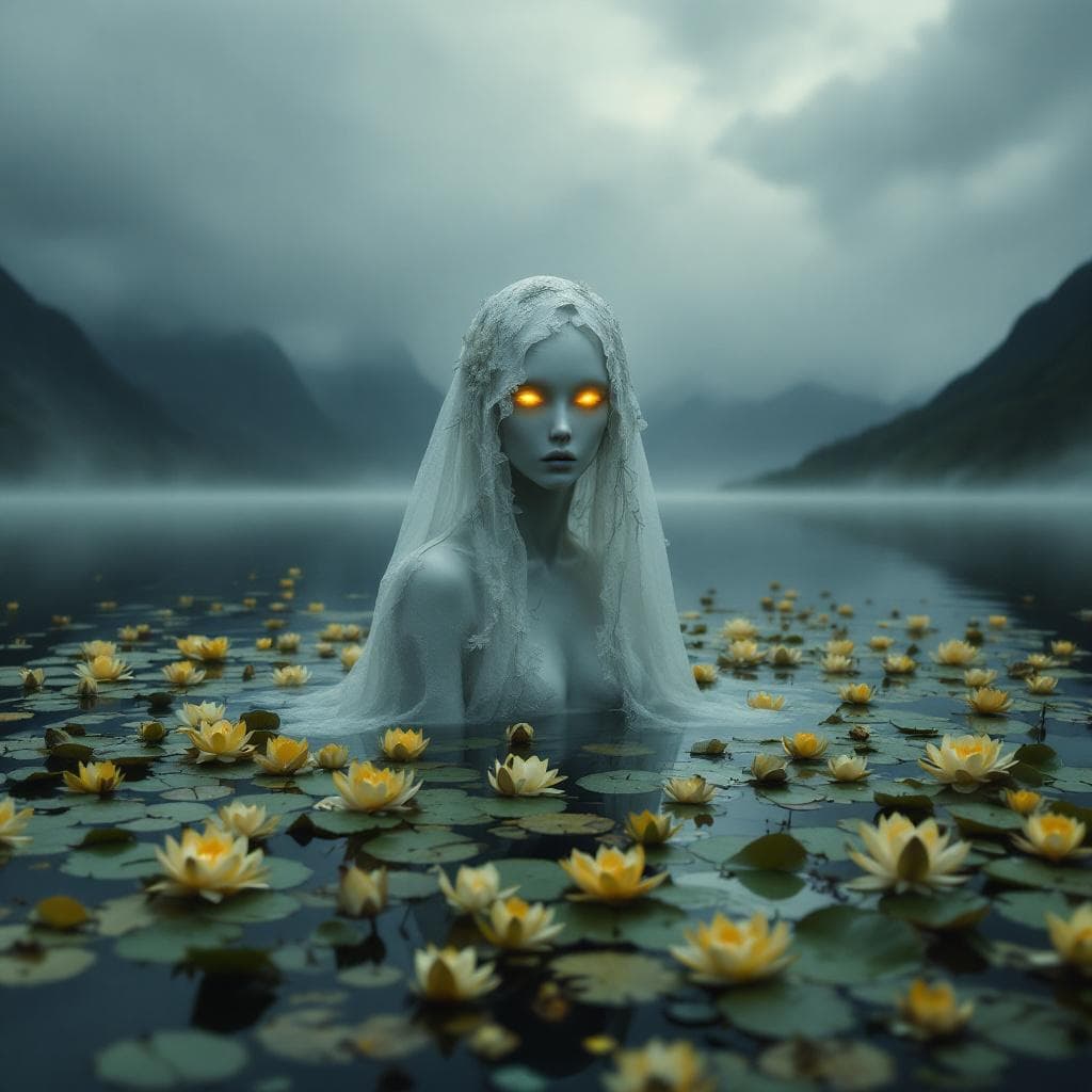 AI generated: A haunting, surreal scene unfolds on a still, ink-dark lake cloaked in mist. A ghostly figure with a...