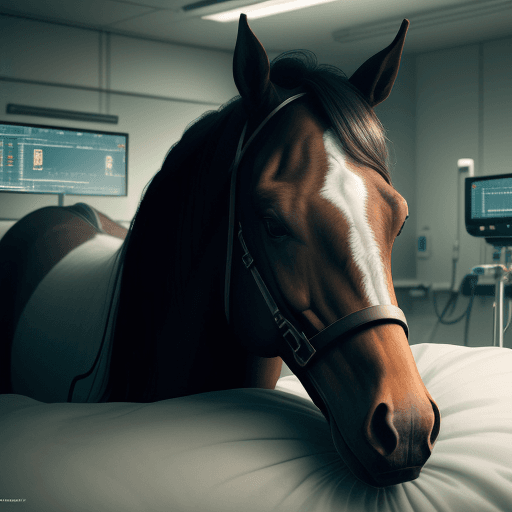 AI generated: A horse laying in a hospital bed, hooked up to machines with a mournful look on their face. High 8k,...