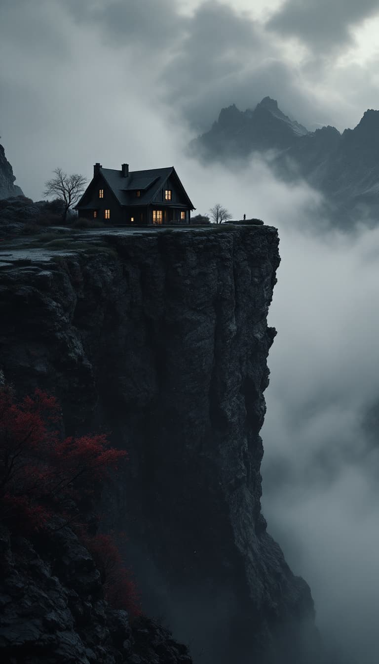 AI generated: house at the cliff top in a black and red rocky landscape, in the style of realistic and hyper-detai...