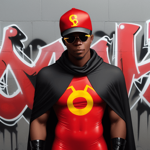 AI generated: a black man wear a cape, cowl, gloves, briefs, and boots are usually black in a red body suit costum...