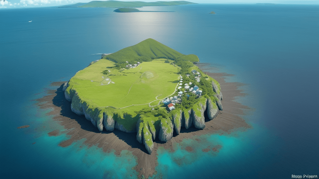 AI generated: bird's eye view high up looking down of a simple island. you can see the mainland in the background....