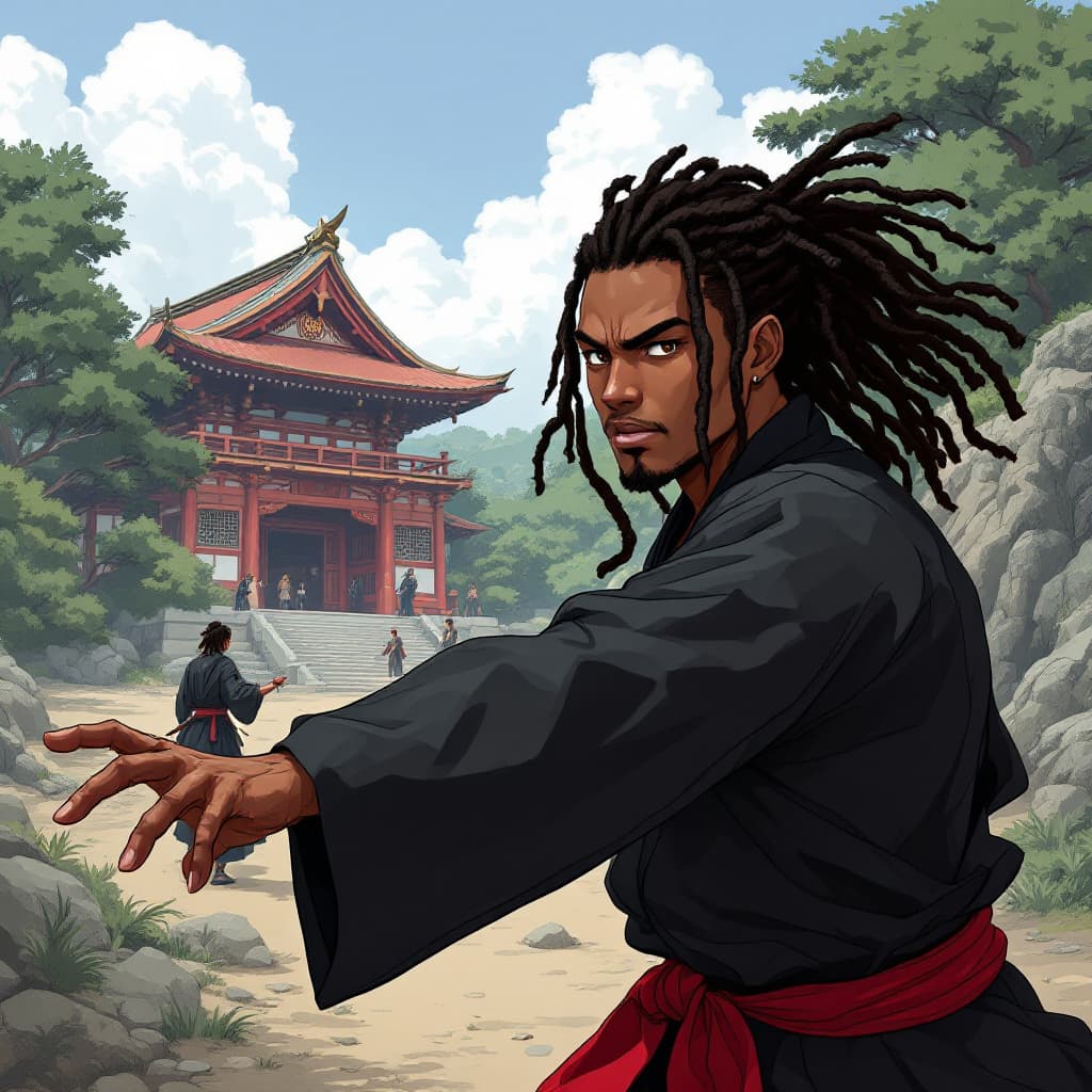 AI generated: Illustration of a young black man with dreadlocks, dressed in black traditional japanese martial art...