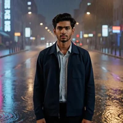 AI generated video: A young Indian man standing on a rainy street at night, neon lights reflecting on wet roads, cinemat...