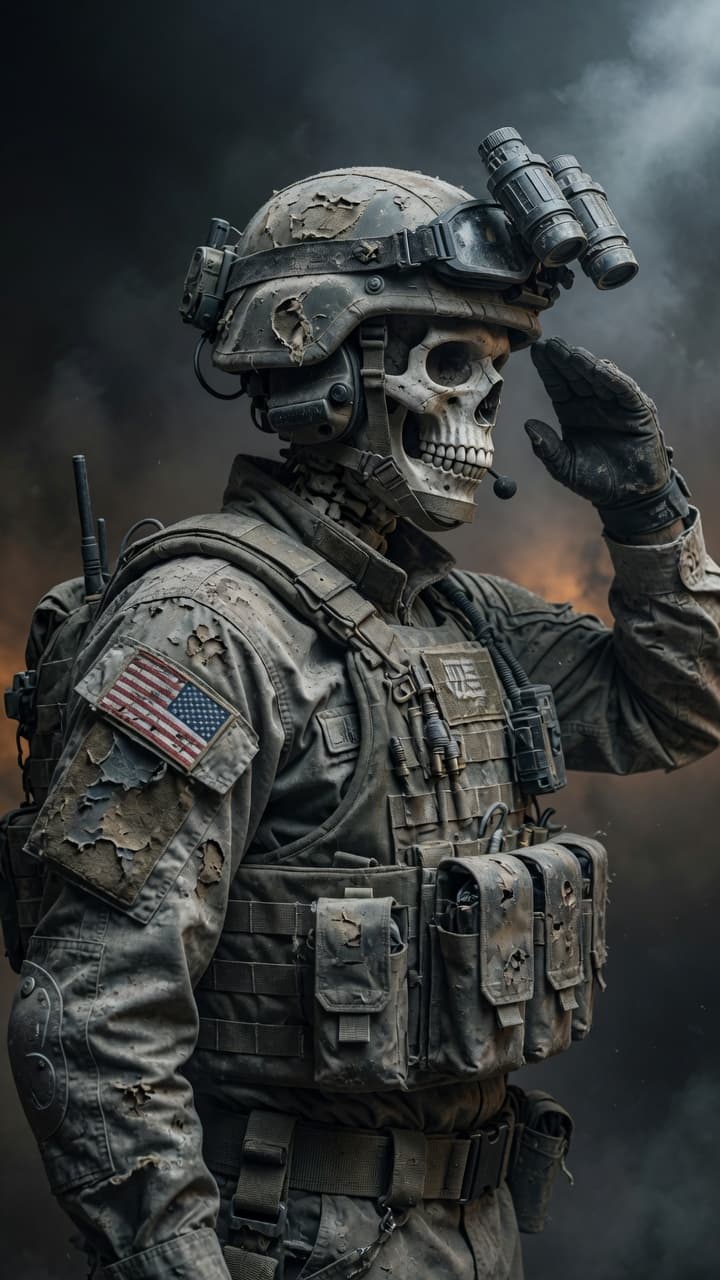 AI generated: A highly detailed cinematic digital artwork of a grim, battle-worn skeletal soldier in full modern U...