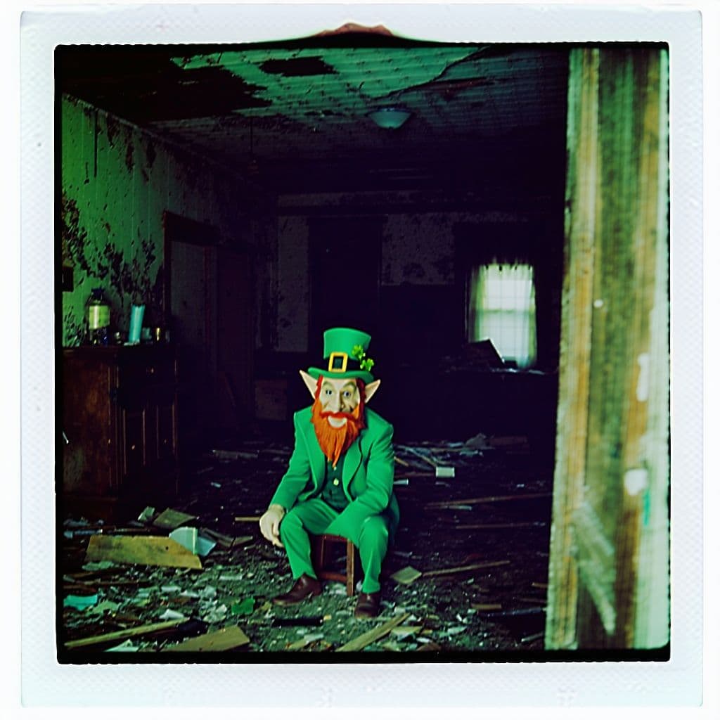 AI generated: grainy 80's photograph quality polaroid of a leprechaun caught in an abandoned house, dark