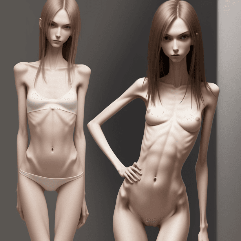 AI generated: extreme beautiful skinny slender (almost anorexic)  girl with skinny slender thighs narrow, without ...