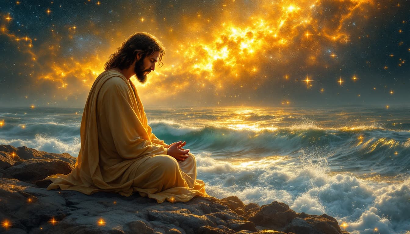 AI generated: 
jesus  in golden . . sitting beside ocean  is in serenity , meditation zen, in prayer position , ne...