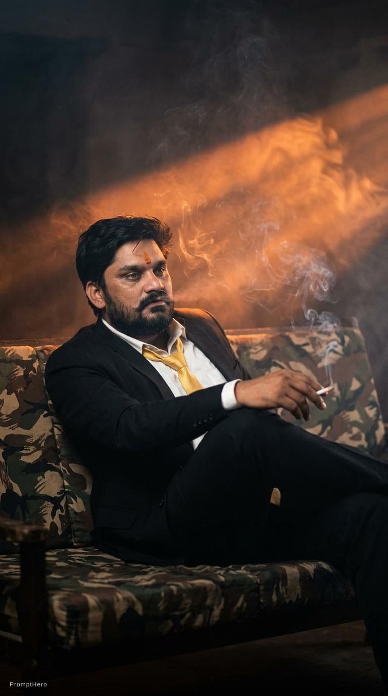 AI generated: photography, cover shoot, dimly lit room with a hazy atmosphere, capturing a professional male model...