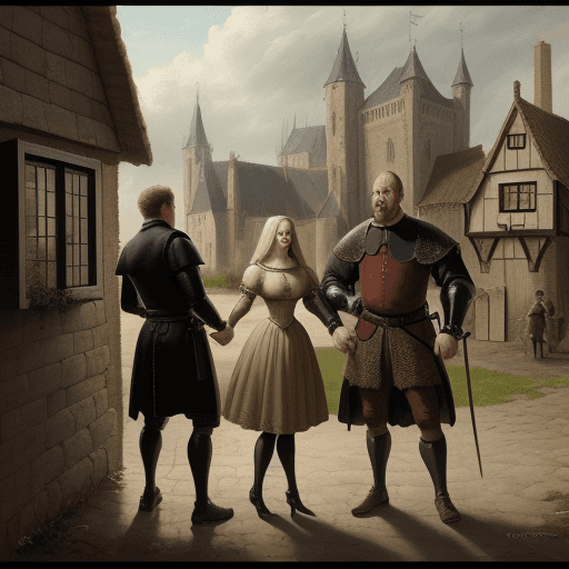 AI generated: couple, angry man, afraid woman, Pieter Bruegl style, medieval landscape