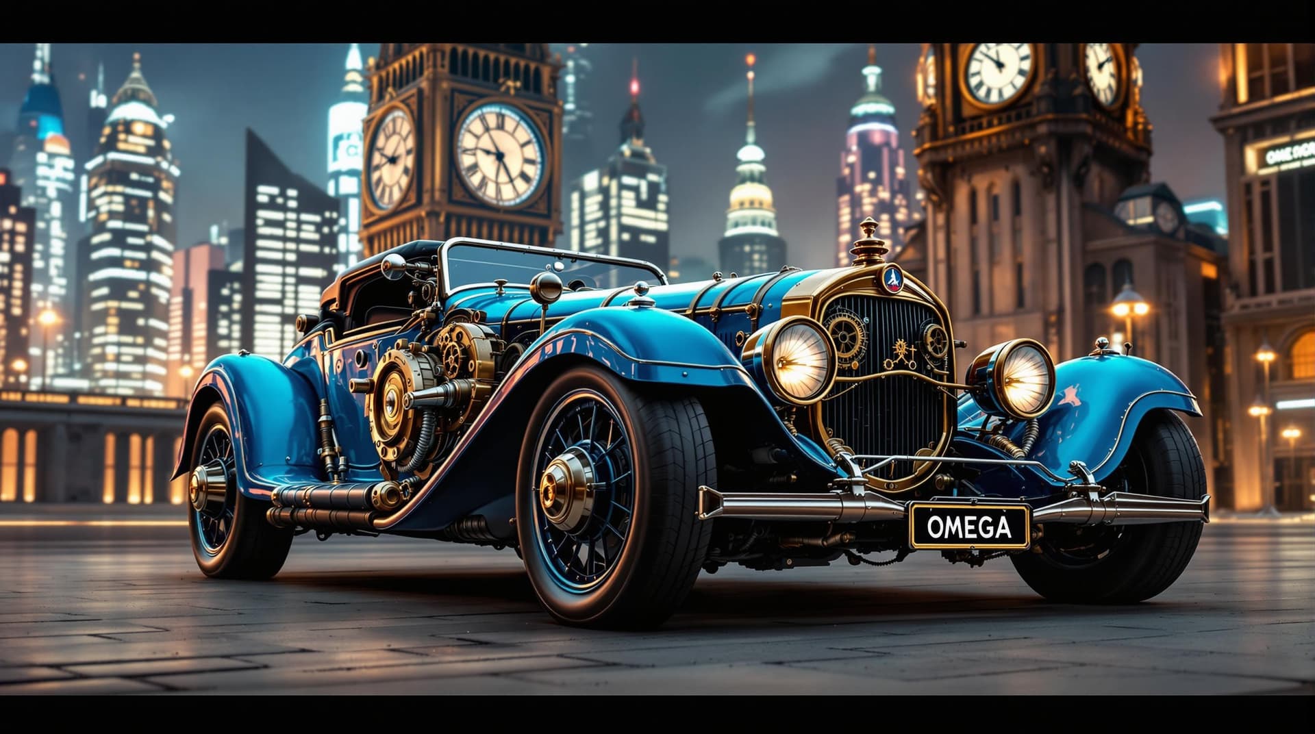 AI generated: A vintage automobile with a striking blue color and intricate mechanical details, set against a futu...