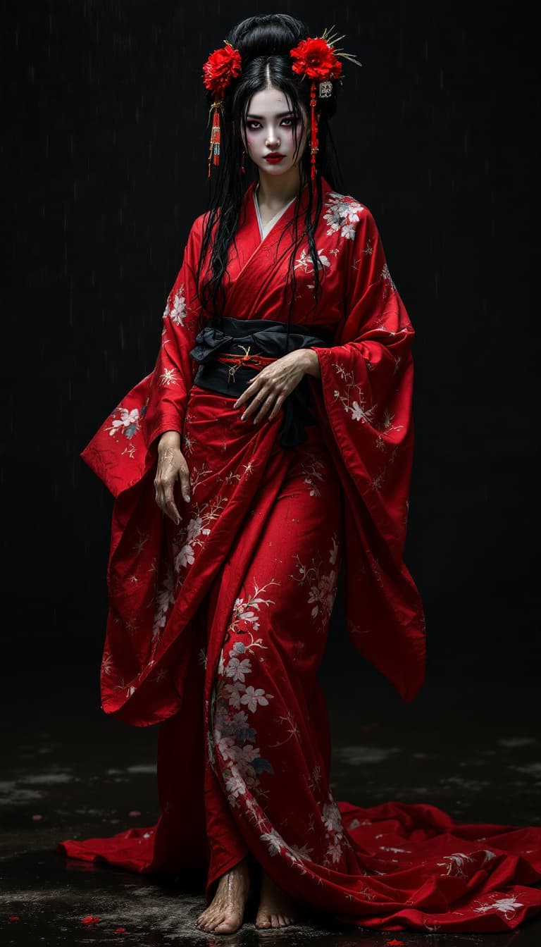 AI generated: Full body view of a beautiful black hair woman in red and black kimono, barefoot, and geisha makeup ...