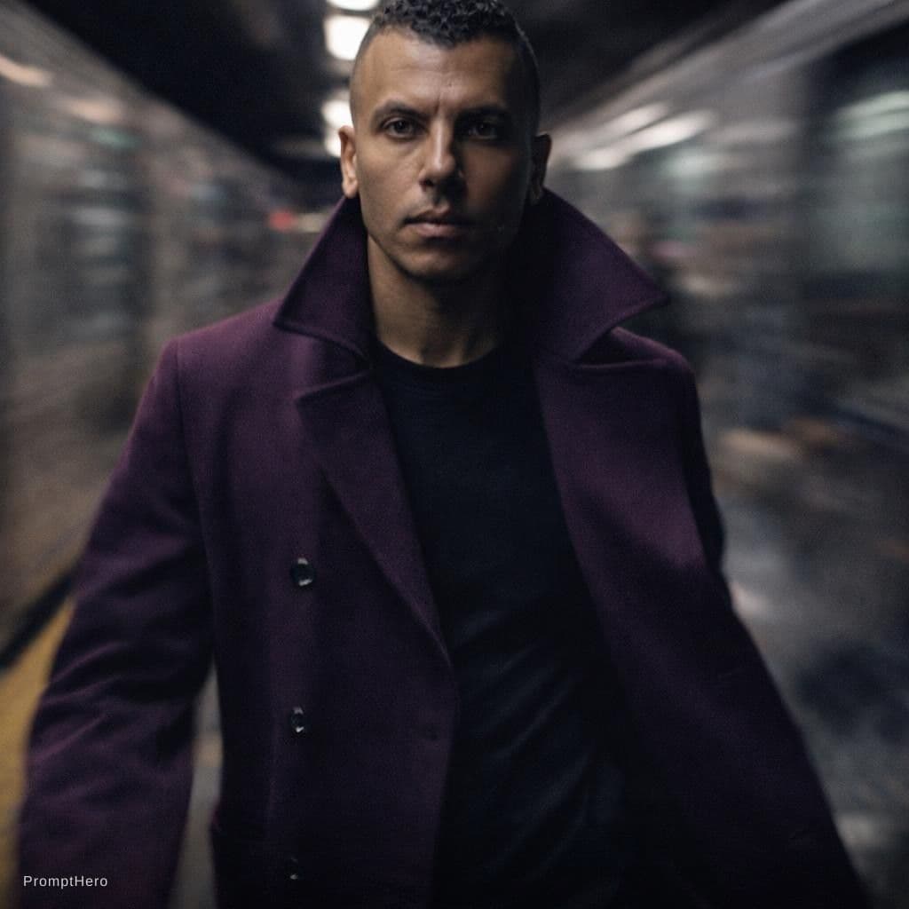 AI generated: fashion editorial photography, motion blur, male model, wearing an wool coat, deep purple color, wal...