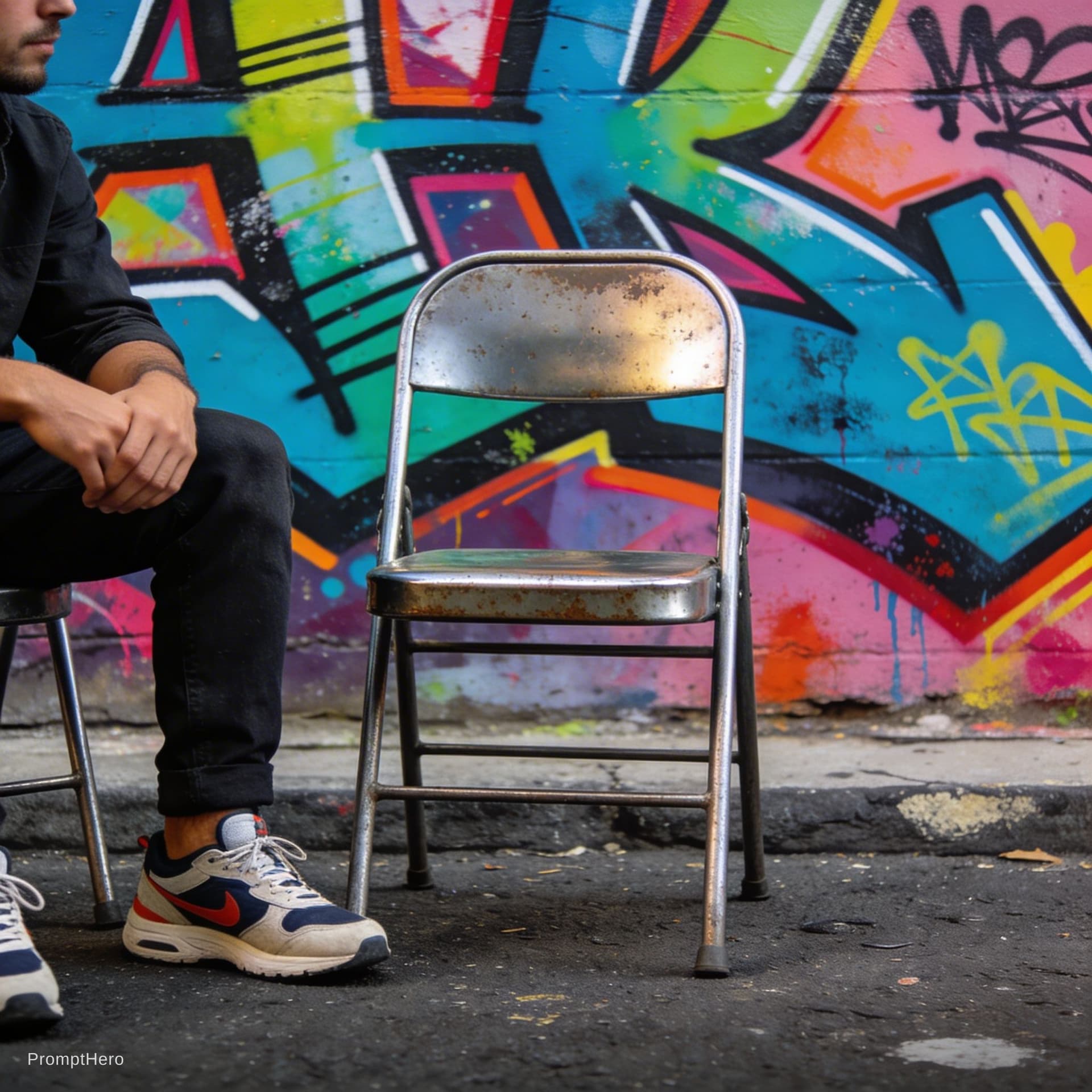 AI generated: a guy wearing these shoes sitting on chair in street and behind him a graffiti wall 