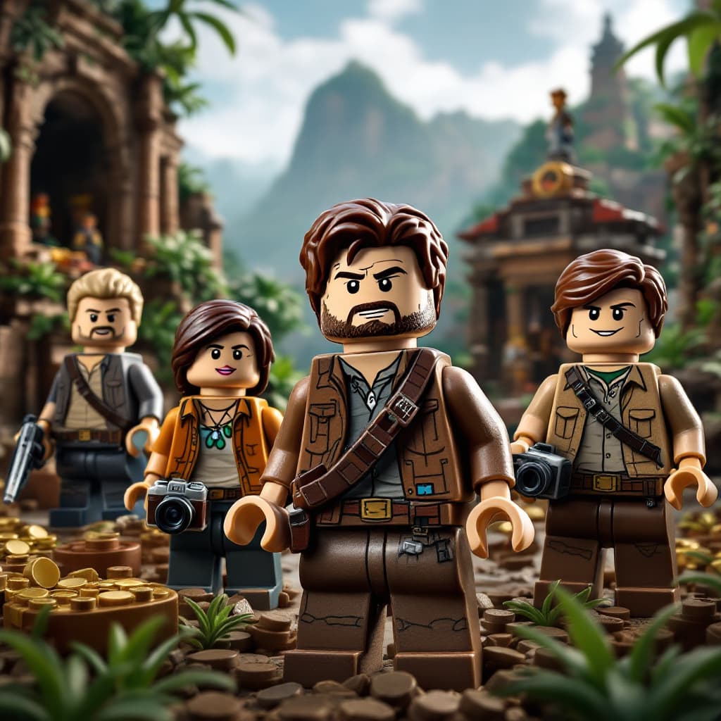AI generated: A set of LEGO figurines inspired by characters from the Uncharted game series. The main figurine rep...