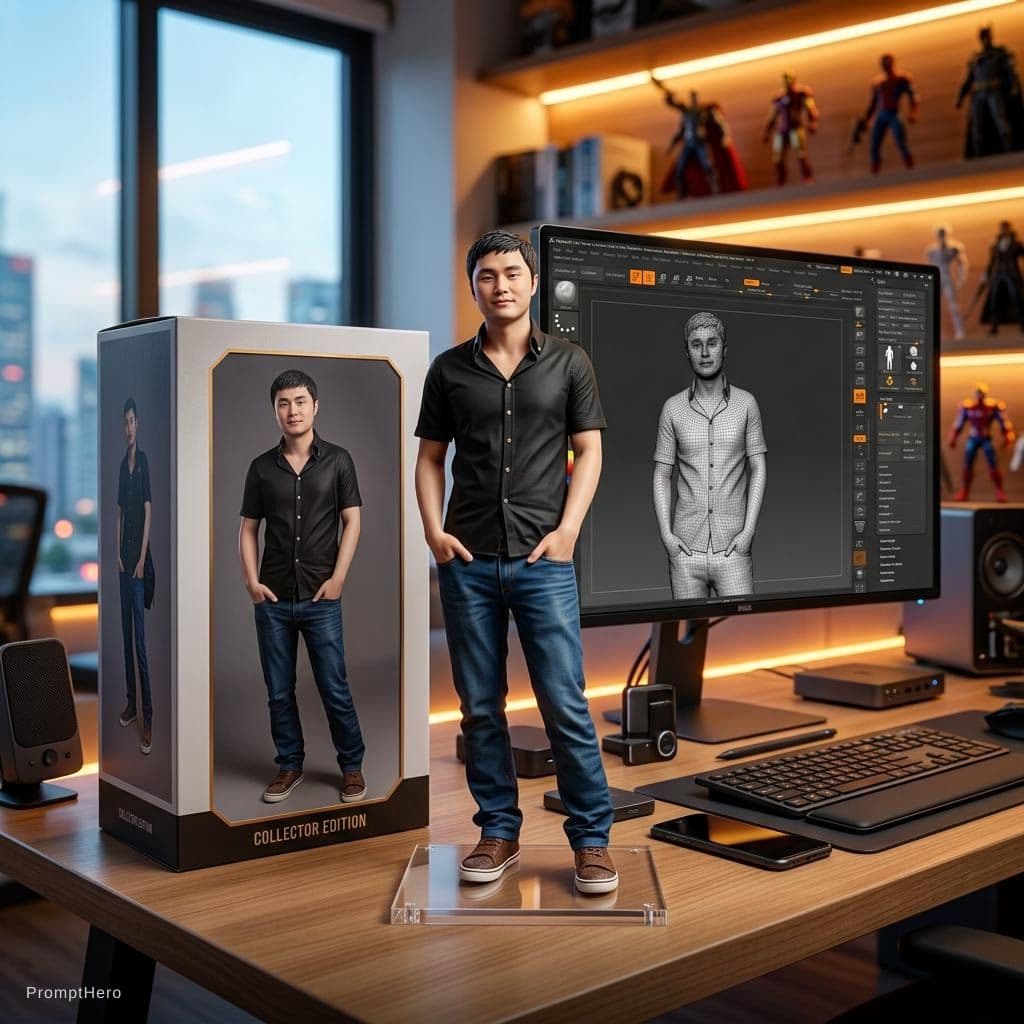 AI generated: Transforming the photographed person into a realistic 3D figurine in front of a computer desk. The c...