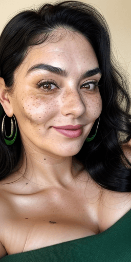 AI generated: older woman, 35 years old, curvaceous, full breasted woman, thick eyebrows, long wavy black hair, gr...