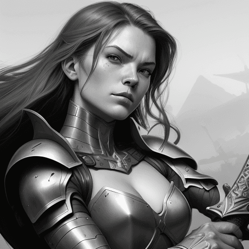 AI generated: hand-drawn portrait of an armored woman holding a sword, in the style of john larriva, ambient occlu...