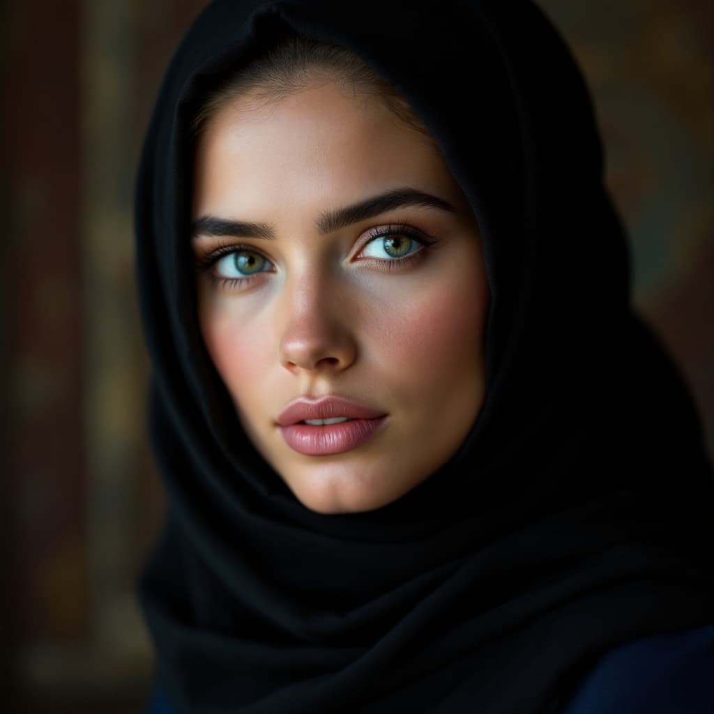 AI generated: 35 years old, european face, fair-skinned, tall, beautiful, hijab, blue dress, black headscarf, blac...