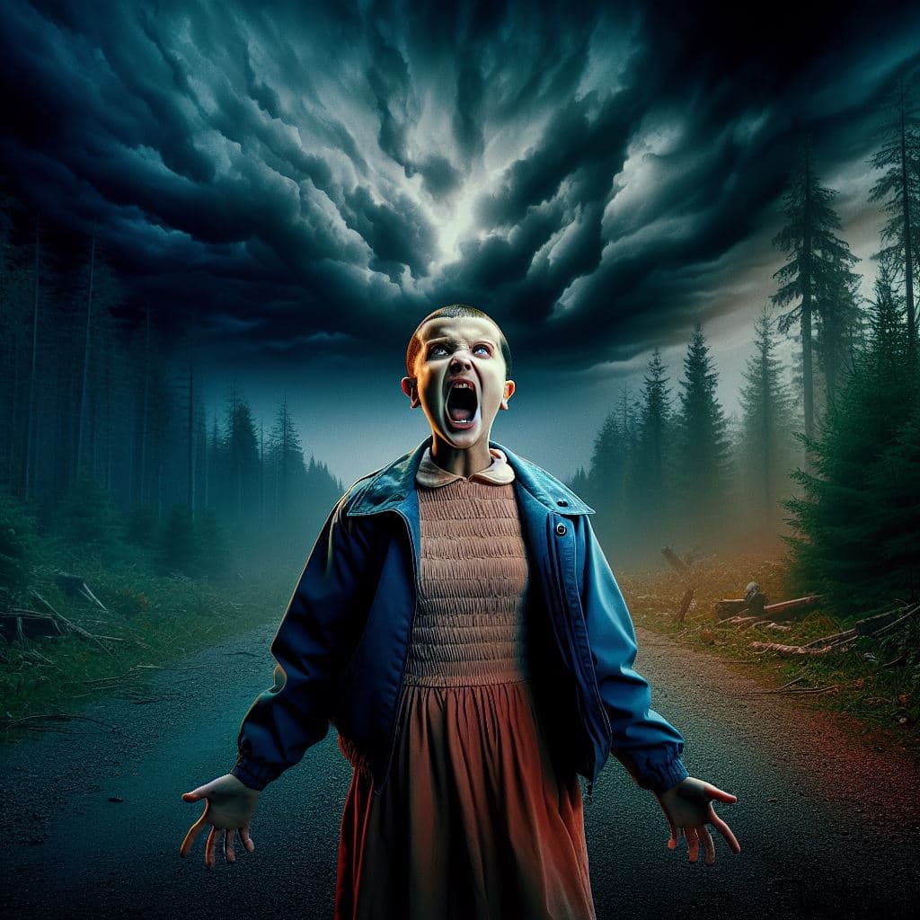 AI generated: eleven season 5 style from stranger things series showing her mental powers and screaming, dark high...