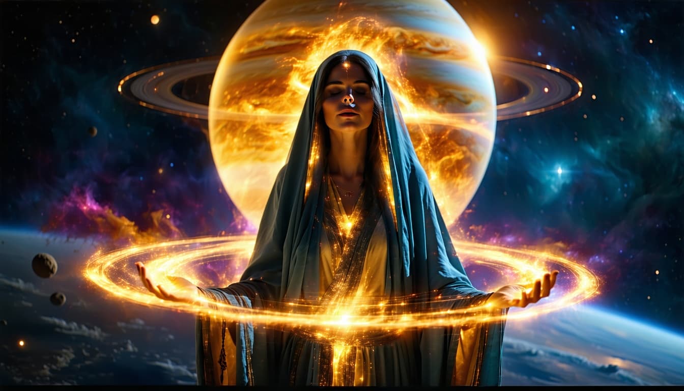 AI generated: YouTube thumbnail 16:9, cinematic space scene. Center: a Saturn-like planet with broad rings wrapped...