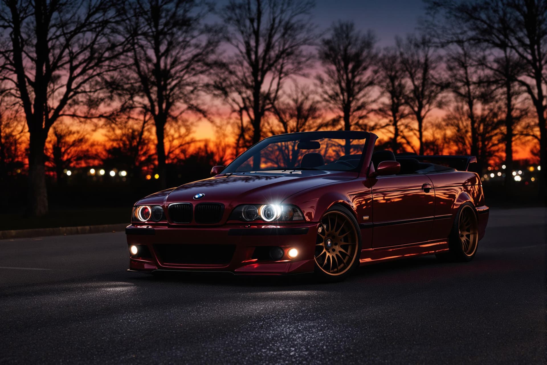 AI generated: dark red bmw e39 M5 convertible, lit angel eyes, cinematic, hyper realism, high detail, 8k, dark eve...