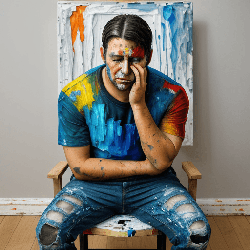 AI generated: sad man sitting on chair, eyes are teary, holding face, pallet knife painted, thick textured, thick ...