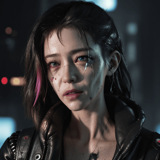 AI generated: someone puts in eye drops and in the background is a destroyed cyberpunk world