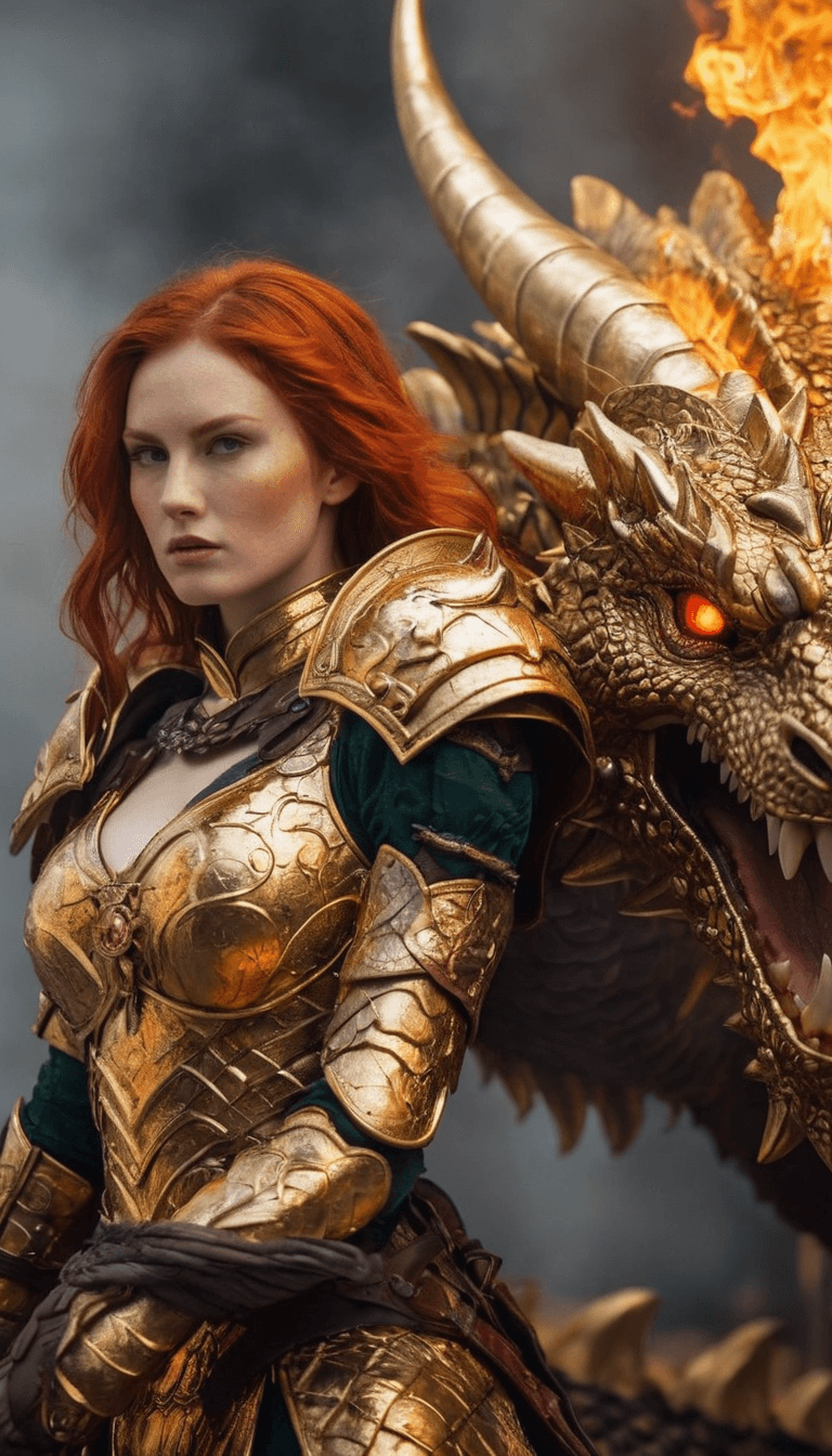 AI generated: Beautiful woman with red hair warrior in golden armor on a dinosaur with fire coming out of its mout...