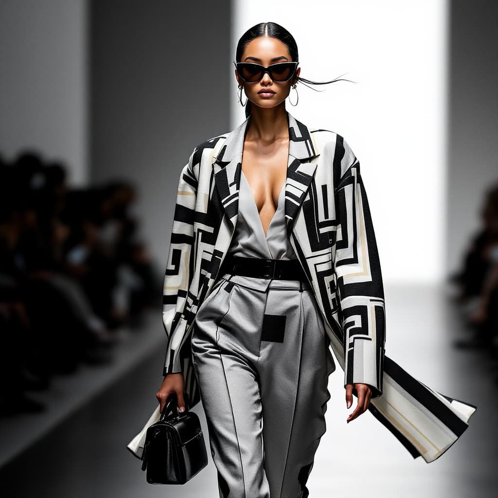 AI generated: A high-fashion model confidently walks down the runway, wearing an avant-garde designer outfit. The ...