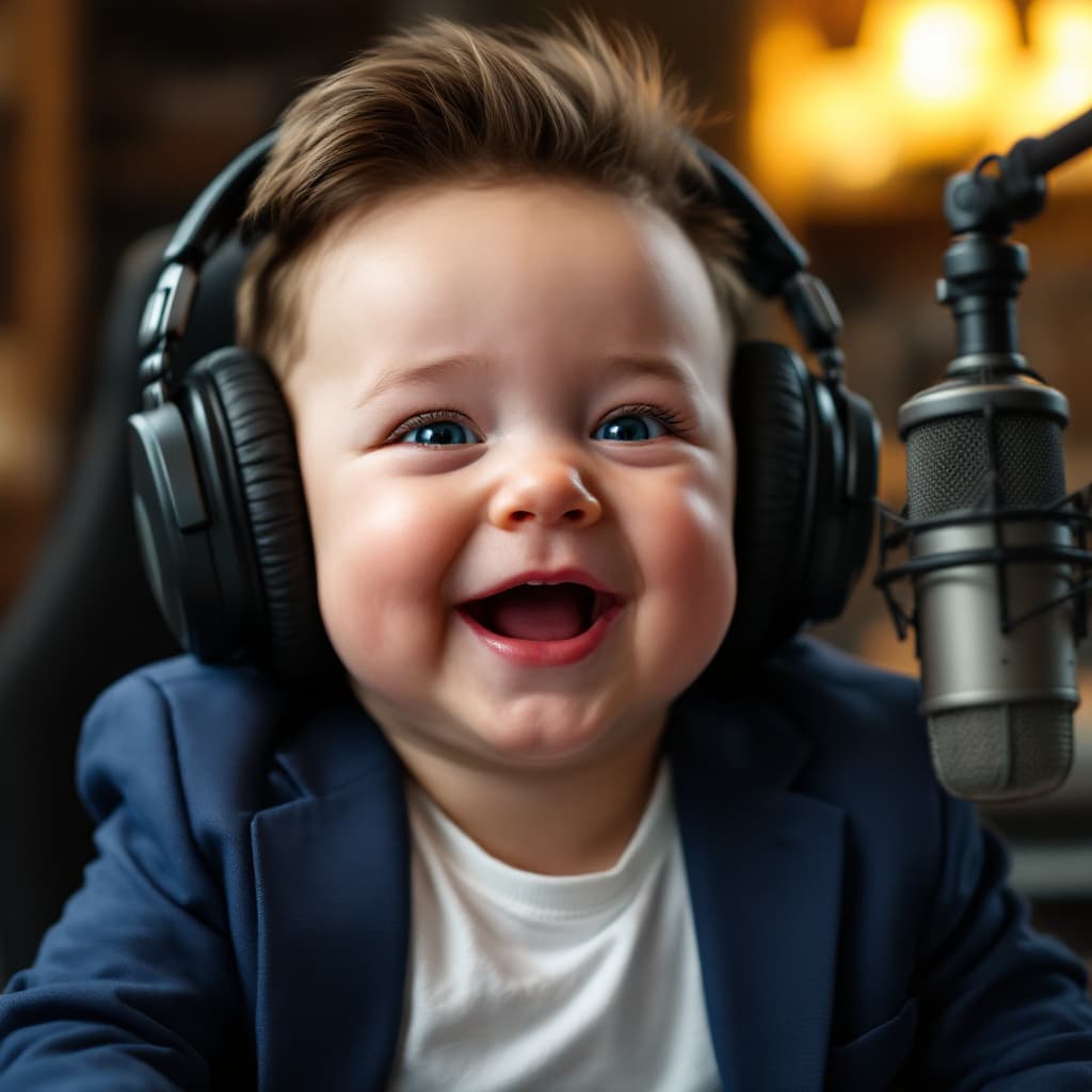 AI generated: American  baby that resembles Elon musk 
 in a bue suit and white tshirt in a podcast studio wearing...