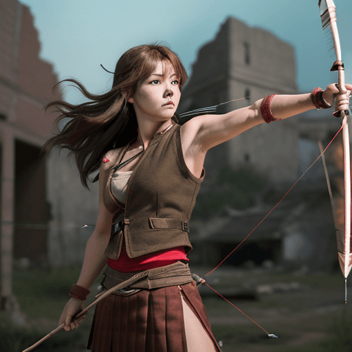 AI generated: At dusk in anime style, a female archer is ready to fight, with shoulder-length brown hair, wearing ...