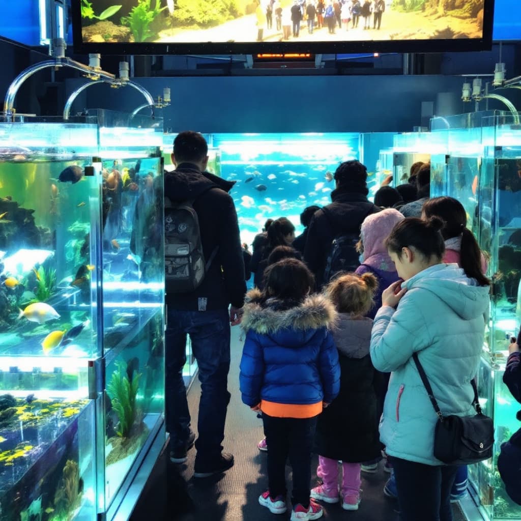 AI generated: Lots of small aquariums, lots of people wearing long sleeves, looking at the fish in the aquariums. ...
